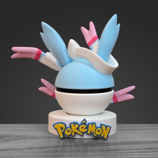 Vue arrière 1 Pokéball Nymphali Shiny mettant en avant la queue bleue et les rubans.