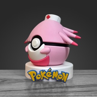 Vue de droite Pokéball Leveinard, finition premium en PLA rose et blanc haute précision.