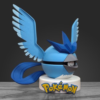 Profil gauche Pokéball Artikodin montrant le détail des plumes et la texture 3D haute précision.