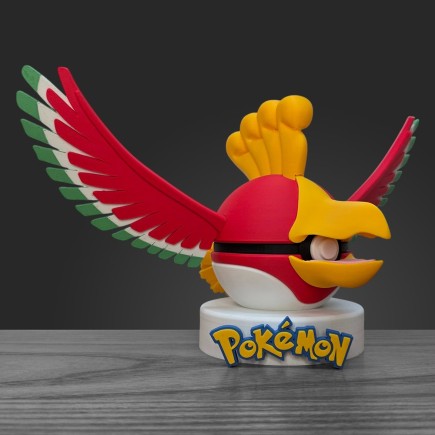 Profil gauche Pokéball Ho-Oh montrant la crête dorée et les plumes tricolores haute précision.