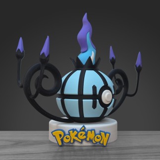 Profil gauche Pokéball Lugulabre montrant les détails des flammes bleues et la précision 3D.