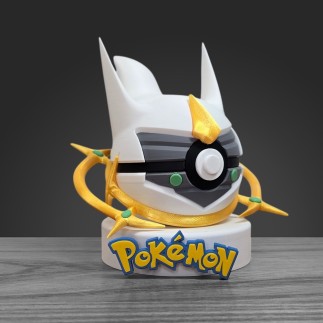 Profil gauche Pokéball Arceus montrant la roue dorée fixée au corps et la précision de l'impression 3D.