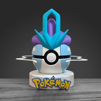 Pokéball Suicune face : losange frontal bleu, yeux rouges et crinière violette sur socle blanc.